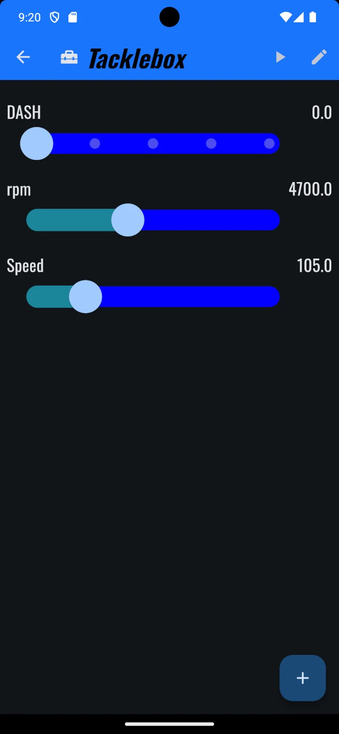 PTuna Tacklebox sliders simulating RPM and speed data for a dash