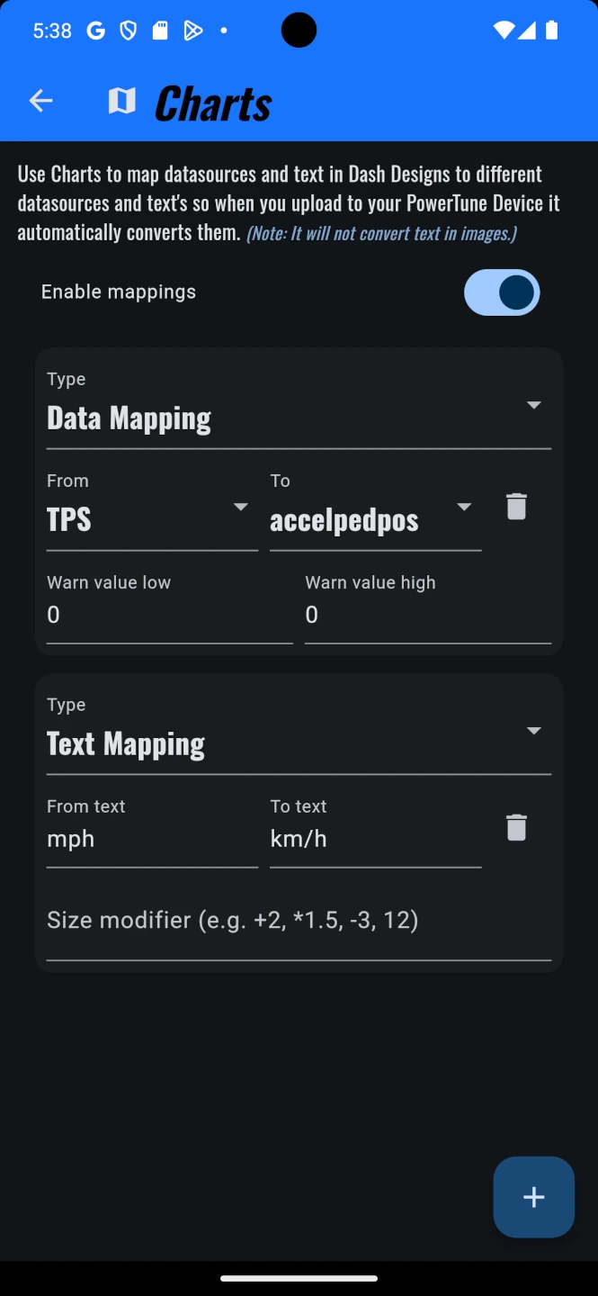 Mapping data sources and text conversions in PTuna Charts