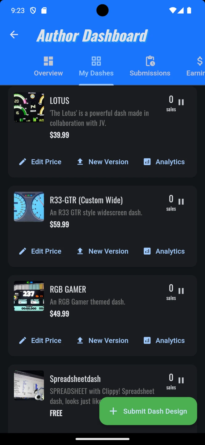 PTuna Author Dashboard listing a creator's published dashes