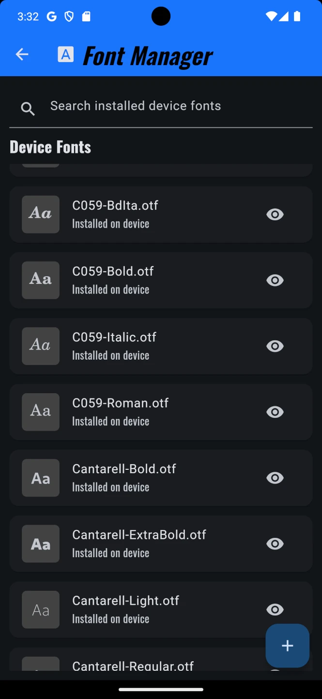 PTuna Font Manager showing fonts installed on the PowerTune device